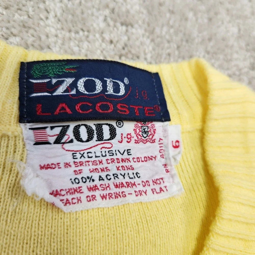 Vintage‎ Izod Lacoste Sweater Kids 6 Yellow V Neck Preppy Tennis 80s 90s Knit